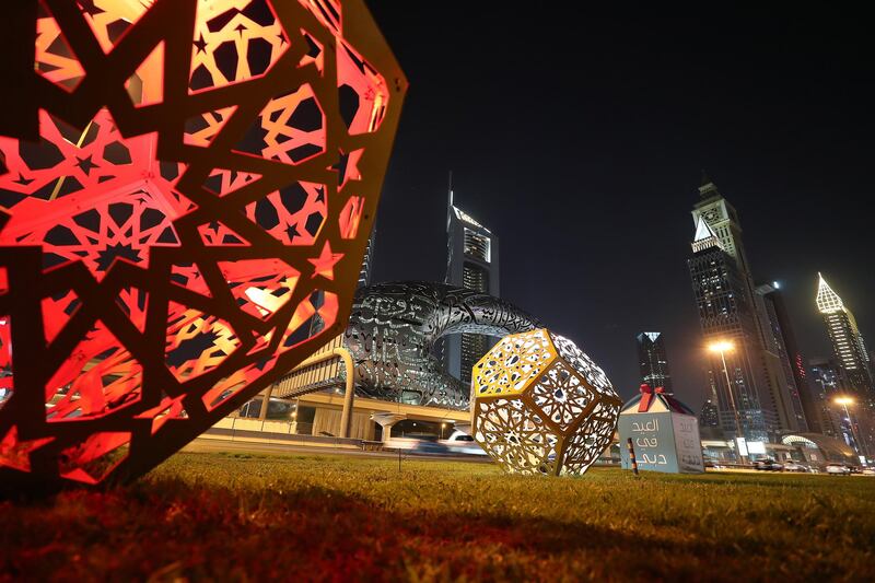 Eid decoration along Sheikh Zayed road in Dubai on May 10,2021. Pawan Singh / The National. 