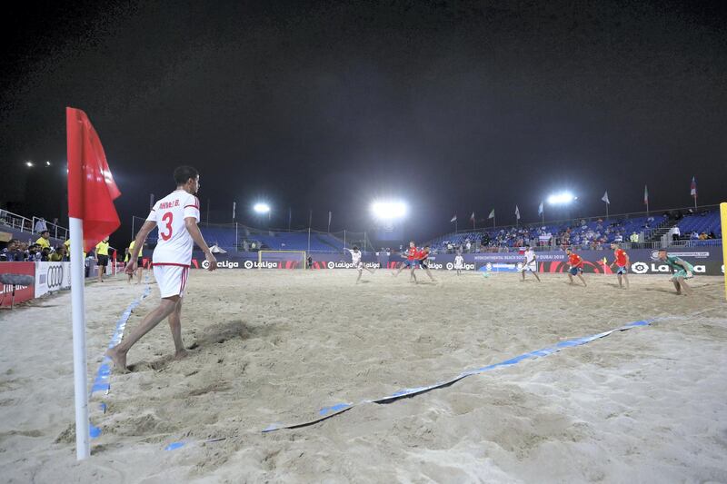 Dubai, United Arab Emirates - November 05, 2019: A corner is taken during the game between the UAE and Spain during the Intercontinental Beach Soccer Cup. Tuesday the 5th of November 2019. Kite Beach, Dubai. Chris Whiteoak / The National
