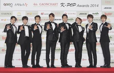 SEOUL, SOUTH KOREA - JANUARY 28:  Super Junior arrive for the 4th Gaon Chart K-POP Awards at the Olympic Park on January 28, 2015 in Seoul, South Korea.  (Photo by Chung Sung-Jun/Getty Images)