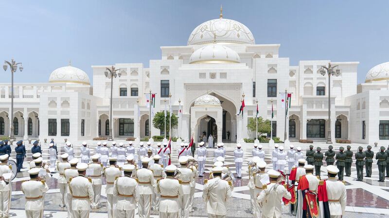 ABU DHABI, UNITED ARAB EMIRATES - April 30, 2018: HH Sheikh Mohamed bin Zayed Al Nahyan, Crown Prince of Abu Dhabi and Deputy Supreme Commander of the UAE Armed Forces and HE Shinzo Abe, Prime Minister of Japan, stand for the national anthem during a reception at the Presidential Palace.

( Rashed Al Mansoori / Crown Prince Court - Abu Dhabi )
---