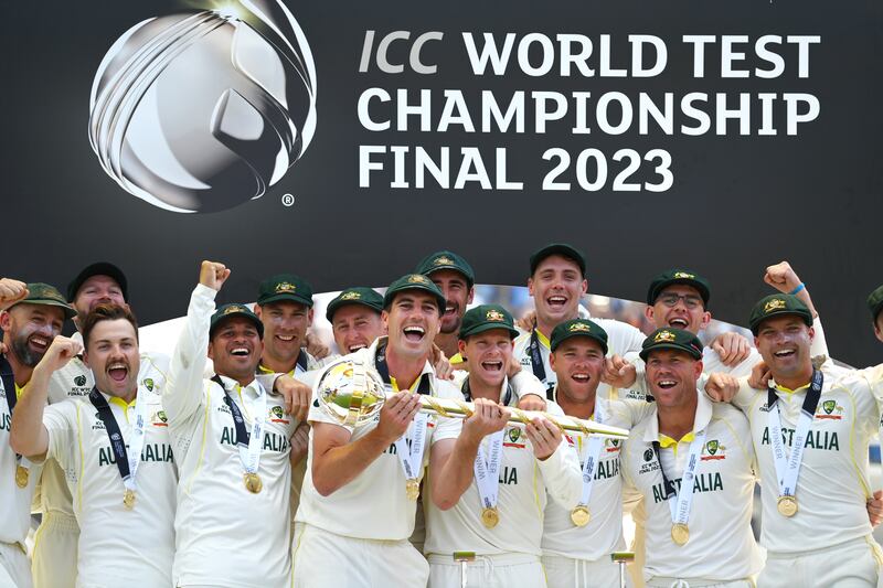 Australia players celebrate after beating India by 209 runs to win the World Test Championship at The Oval in London on June 11, 2023. Getty