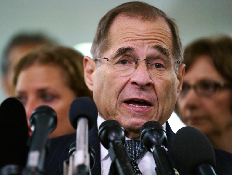 FILE - In this Sept. 28, 2018, file photo, House Judiciary Committee ranking member Jerry Nadler, D-N.Y., talks to media during a Senate Judiciary Committee hearing on Capitol Hill in Washington. Nadler, the top Democrat on the House Judiciary Committee says he believes it would be an "impeachable offense" if it's proven that President Donald Trump directed illegal hush-money payments to women during the 2016 campaign. But Nadler, whoâ€™s expected to chair the panel in January, says it remains to be seen whether that crime alone would justify Congress launching impeachment proceedings. (AP Photo/Carolyn Kaster, File)