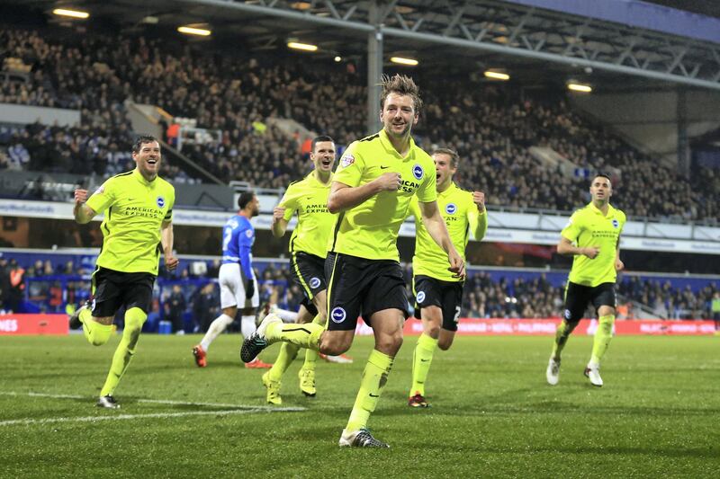 LONDON, ENGLAND - DECEMBER 15: Dale Stephens of Brighton & Hove Albion celebrates scoring the opening goal during the Sky Bet Championship match between Queens Park Rangers and Brighton and Hove Albion at Loftus Road on December 15, 2015 in London, United Kingdom. (Photo by Marc Atkins/Mark Leech Sports Photography/Getty Images)