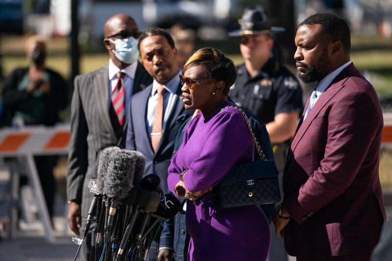 Wanda Cooper-Jones, mother of Ahmaud Arbery, speaks to members of the media outside the Glynn County Courthouse as the jury begins deliberation in the trial over the killing of her son. AFP