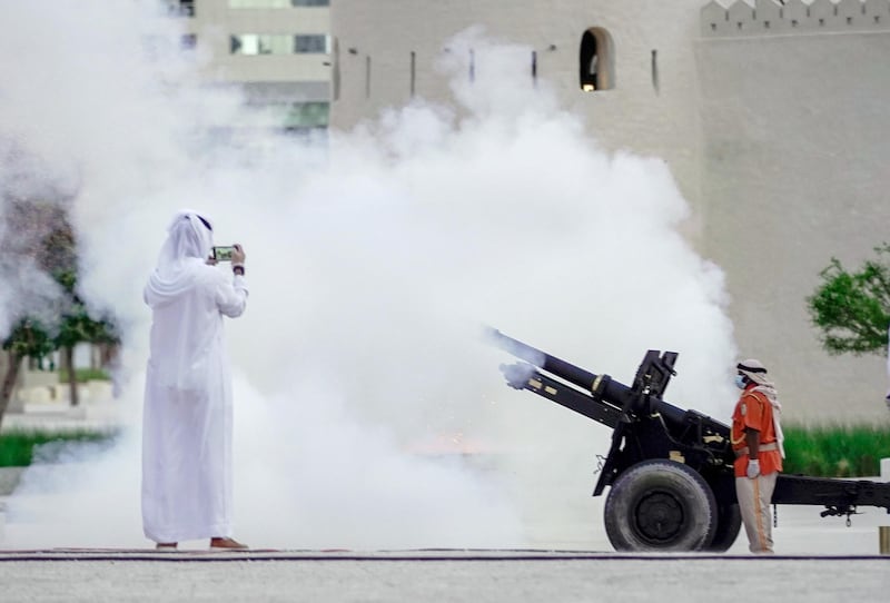 Abu Dhabi, United Arab Emirates, April 25, 2020.  A canon is fired to mark the breaking of the fast at Maghrib sunset prayers at the Qasr Al Hosn, Abu Dhabi's oldest standing building.Victor Besa / The NationalSection:  NAFor:  Standalone/Stock Images