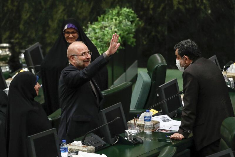 TOPSHOT - Iranian Mohamad Bagher Ghalibaf greets members of the parliament after being elected as parliament speaker at the Iranian parliament in Tehran on May 28, 2020. Iran's newly formed parliament elected the former Tehran mayor Mohamad Bagher Ghalibaf as its speaker, consolidating the power of conservatives ahead of next year's presidential election. State television said the 58-year-old received 230 votes out of the 267 cast to secure the post, one of the most influential positions in the Islamic republic. / AFP / STRINGER
