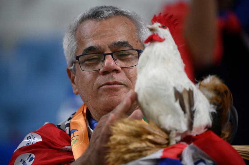 A France supporter holds a mock rooster in the run-up to the match against Australia at Al Janoub Stadium. AFP