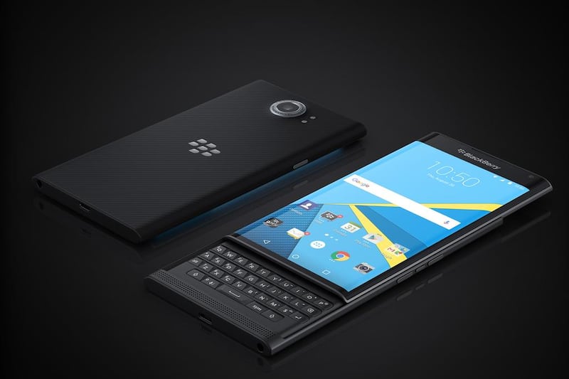 The Blackberry Priv has curved edges and a slide-out keyboard. Courtesy Blackberry