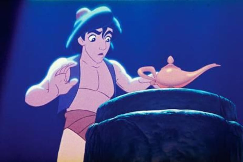 This undated publicity photo provided by Disney Theatrical Productions shows Aladdin with a lamp in a scene from the 1992 animated film, "Aladdin." A stage musical of "Aladdin" is riding a magic carpet to Broadway and the president of Disney Theatrical Productions promises it will be "a full-length, big song musical with big dance numbers."  Thomas Schumacher said on Friday, Jan. 18, 2013, that the final two-act "Aladdin" will build on the 1992 film blockbuster with new songs by Alan Menken, additional characters and, appropriately, some magic tricks. (AP Photo/Disney Theatrical Productions) *** Local Caption ***  Theater-Aladdin.JPEG-0d36f.jpg