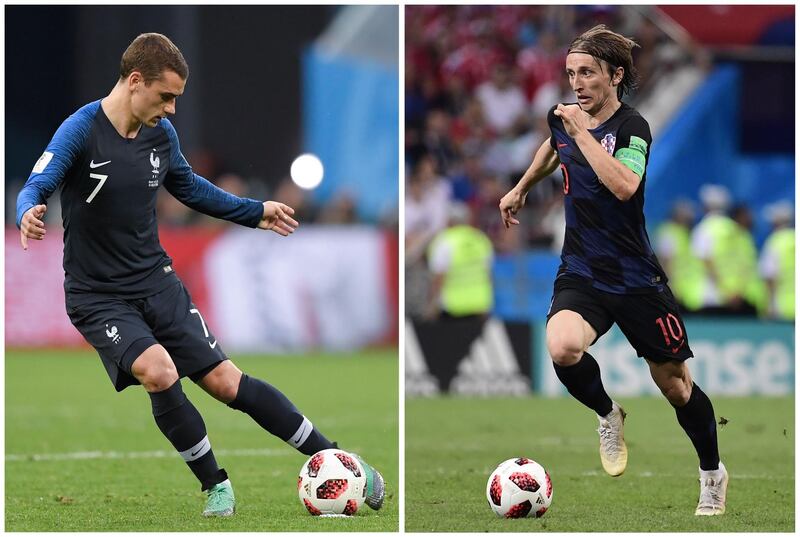 A combination of file pictures shows Croatia's midfielder Luka Modric (R) in Sochi on July 7, 2018 and France's forward Antoine Griezmann in Saint Petersburg on July 10, 2018 during the Russia 2018 World Cup football tournament. France are firm favourites to win the final showpiece in Moscow on July 15, 2018 and become world champions for the second time -- 20 years after their first triumph in 1998. But they will come up against a hungry Croatia side. - 
 / AFP / Pierre-Philippe MARCOU AND Gabriel BOUYS
