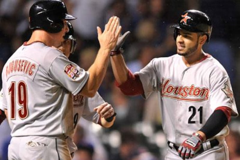 Fernando Martinez and Brian Bogusevic celebrate for Houston Astros