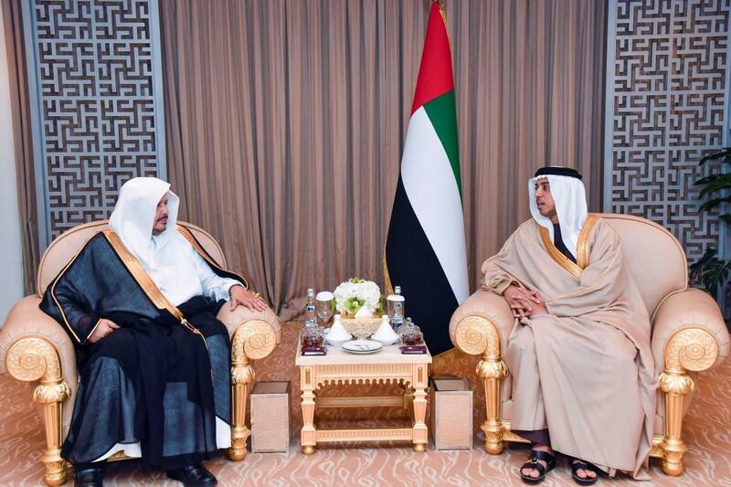 Shiekh Mansour bin Zayed receives Chairman of Saudi ash-Shoura Council. Courtesy Wam