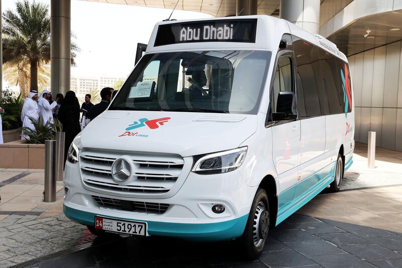 ABU DHABI ,  UNITED ARAB EMIRATES , AUGUST 20 – 2019 :- View of the Dot Links bus after the press conference about the latest updates of the public transport sector at the Department of Transport HQ in Abu Dhabi. ( Pawan Singh / The National ) For News. Story by Haneen