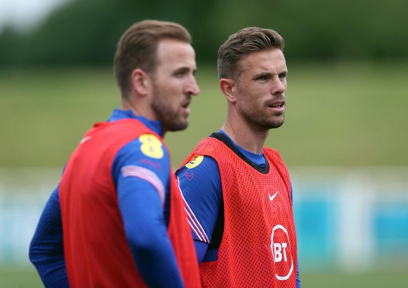 England's Jordan Henderson and Harry Kane during training. Reuters