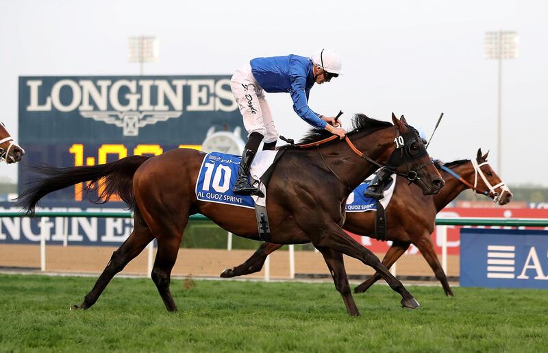 DUBAI , UNITED ARAB EMIRATES , MARCH 31  – 2018 :- Jungle Car (IRE ) ridden by James Doyle   ( no 10  ) won the 5th horse race Al Quoz Sprint 1200m turf held at Meydan Racecourse in Dubai. ( Pawan Singh / The National ) For News/Sports. Story by Amith