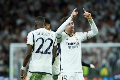 Real Madrid's Fede Valverde celebrates after scoring to make it 3-3 against Manchester City. EPA