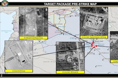 This annotated image provided by the U.S. Department of Defense, shows aerial images of sites that were to be targeted in U.S. airstrikes in Iraq on Friday, March 13, 2020. U.S. officials said the airstrikes' intended targets were mainly weapons facilities belonging to Kataib Hezbollah, the militia group believed to be responsible for Wednesday's attack on Camp Taji base. (U.S. Department of Defense via AP)