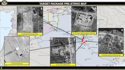 This annotated image provided by the U.S. Department of Defense, shows aerial images of sites that were to be targeted in U.S. airstrikes in Iraq on Friday, March 13, 2020. U.S. officials said the airstrikes' intended targets were mainly weapons facilities belonging to Kataib Hezbollah, the militia group believed to be responsible for Wednesday's attack on Camp Taji base. (U.S. Department of Defense via AP)