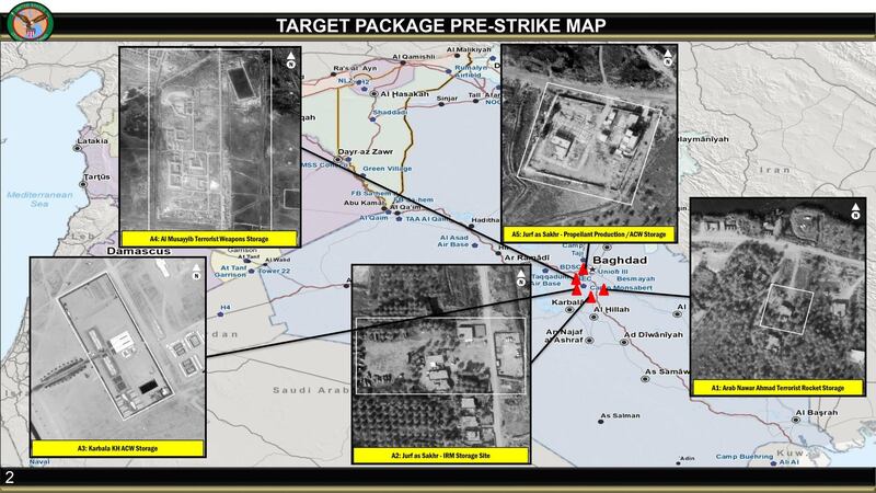 This annotated image provided by the U.S. Department of Defense, shows aerial images of sites that were to be targeted in U.S. airstrikes in Iraq on Friday, March 13, 2020. U.S. officials said the airstrikes' intended targets were mainly weapons facilities belonging to Kataib Hezbollah, the militia group believed to be responsible for Wednesday's attack on Camp Taji base. (U.S. Department of Defense via AP)