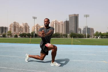 DUBAI, UNITED ARAB EMIRATES , March 10, 2021 – James Ellington , Dubai-based British sprinter doing training for the Summer Olympics at the Dubai Sports City athletics track in Dubai. (Pawan Singh / The National) For Sports/Online. Story by John