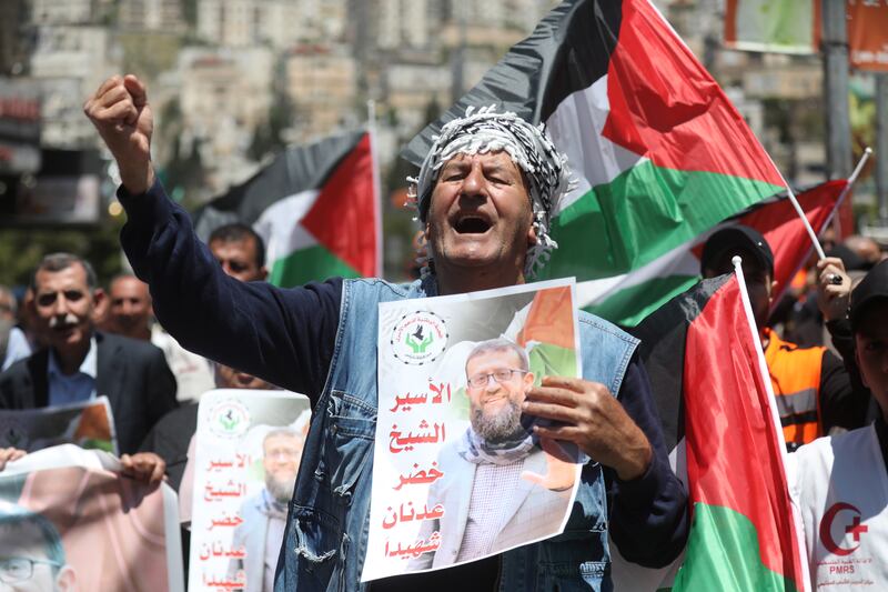 A protest in Nablus following the death of Khader Adnan. EPA