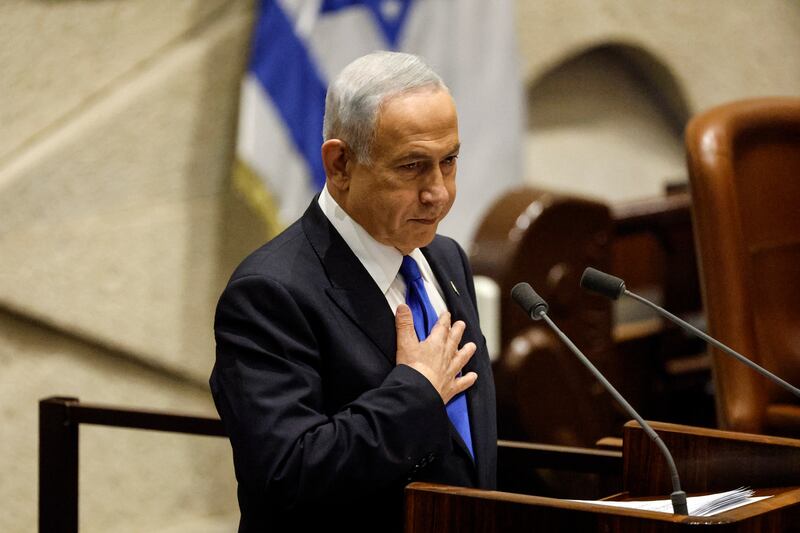 Israeli Prime Minister-designate Benjamin Netanyahu speaks at the special session. EPA