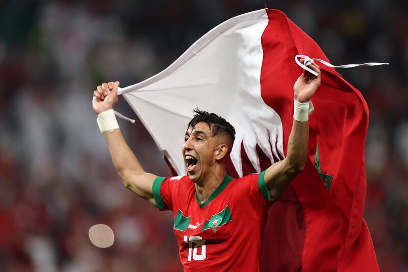 Jawad El Yamiq celebrates after Morocco's victory over Portugal in the Qatar World Cup quarterfinal in Doha on December 10, 2022. Getty Images