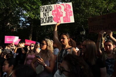 People gather to protest the Supreme Courts 6-3 decision in the Dobbs v. Jackson Women’s Health Organisation at Washington Square Park on June 24, 2022 in New York City. AFP
