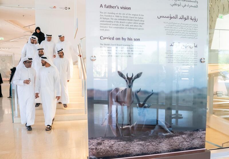 AL AIN, ABU DHABI, UNITED ARAB EMIRATES - January 17, 2019: HH Sheikh Mohamed bin Zayed Al Nahyan, Crown Prince of Abu Dhabi and Deputy Supreme Commander of the UAE Armed Forces (front R), tours the Sheikh Zayed Desert Learning Centre (SZDLC), at the Al Ain Zoo. Seen with Ghanim Al Hajeri, Director General of Al Ain Zoo (front L). Seen with HH Sheikh Khalifa bin Tahnoon bin Mohamed Al Nahyan, Director of the Martyrs' Families' Affairs Office of the Abu Dhabi Crown Prince Court (2nd row R), Mohamed Bin Kardous Al Ameri (2nd row L) and HE Mohamed Al Junaibi, Director of the President's Protocol Office at the UAE Ministry of Presidential Affairs (3rd row C).
( Mohamed Al Hammadi / Ministry of Presidential Affairs )
---