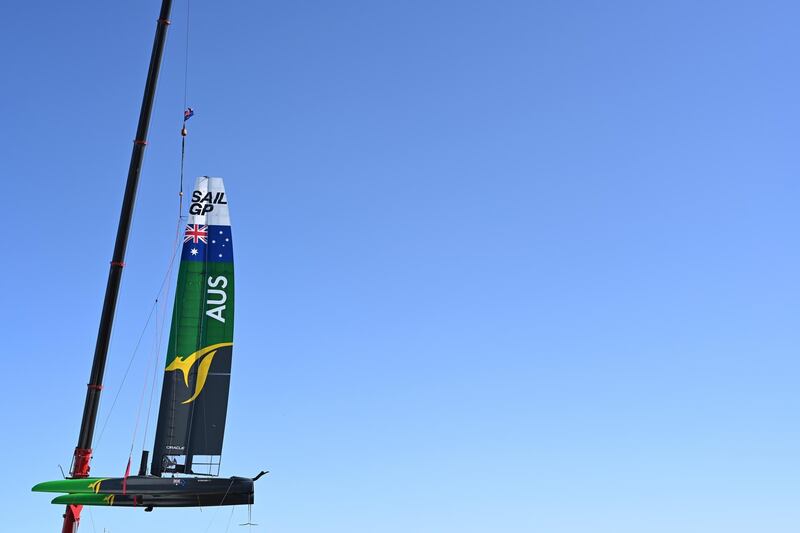 Team Australia's F50 catamaran is lowered into the water for a training session ahead of round one of the SailGP in Sydney, Australia.  EPA