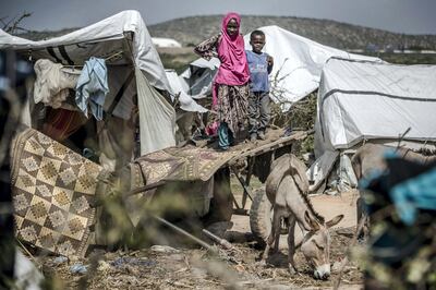 A girl and her brother stand on a donkey’s cart next to their tent at a displacement camp for people affected by intense flooding in Beledweyne, Somalia, on December 14, 2019. - The rains have inundated big areas surrounding Beledweyne area forcing thousands of people to leave their houses and look for humanitarian assistance while living in displacement camps. Due to climate change and human activities, cycles of floods and droughts have become more recurrent and completely unpredictable in Somalia exposing hundreds of thousands of people every year to vulnerability and displacement. (Photo by LUIS TATO / AFP)