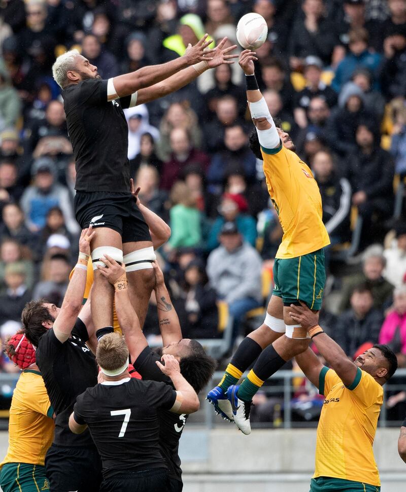New Zealand's Patrick Tuipulotu, left, and Australia's Pete Samu compete for lineout ball during the Bledisloe Cup rugby game between the All Blacks and the Wallabies in Wellington, New Zealand. AP Photo