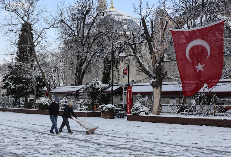 Sultanahmet Square and Hagia Sophia Grand Mosque were dusted with snow. Reuters