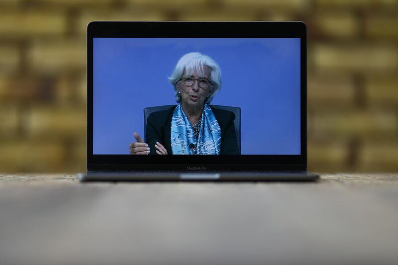 Christine Lagarde, president of the European Central Bank (ECB), is displayed on a laptop computer during a live stream video of the central bank's virtual rate decision news conference in Frankfurt, Germany, in this arranged photograph in London, U.K., on Thursday, June 4, 2020. The ECB intensified its response to the coronavirus recession with a bigger-than-anticipated increase to its emergency bond-buying program. Photographer: Simon Dawson/Bloomberg