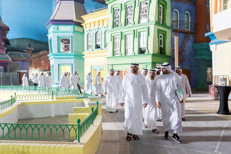 Sheikh Mohammed bin Zayed, Crown Prince of Abu Dhabi and Deputy Supreme Commander of the Armed Forces, inspects the construction site of Warner Bros World Abu Dhabi with Mohammed Al Mubarak, chairman of the Department of Culture and Tourism Abu Dhabi, in March. Rashed Al Mansoori / Crown Prince Court - Abu Dhabi