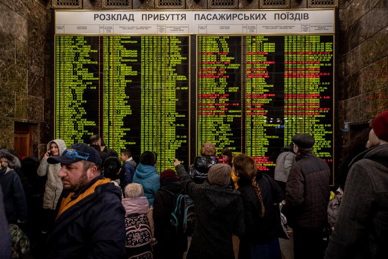 People cram into Kyiv station to catch trains to Poland or to western parts of Ukraine, shortly after the initial invasion in February 2022. Getty Images