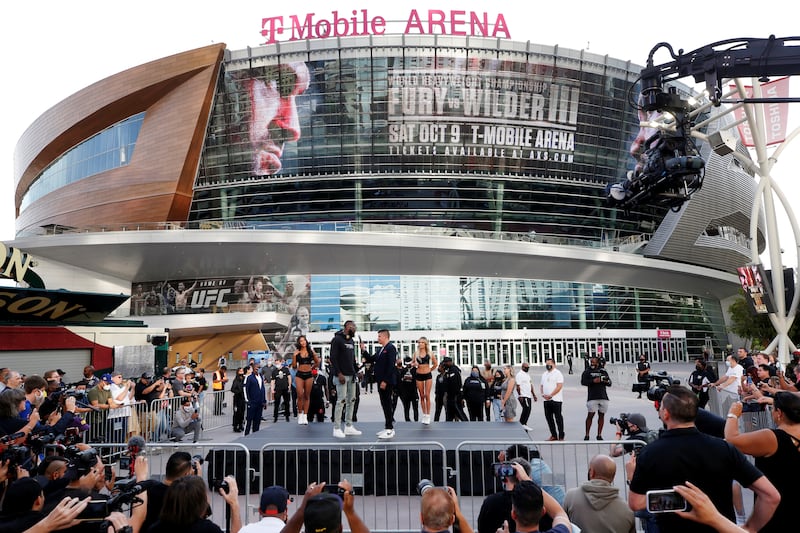 Deontay Wilder is interviewed in front of T-Mobile Arena. Reuters
