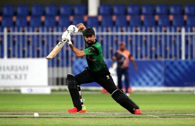 Rohan Mustafa of Future Mattress playing a shot in the Sharjah Ramadan Cup final between Future Mattress vs MCM Cricket Club held at Sharjah International Cricket Stadium in Sharjah on May 7,2021. Pawan Singh / The National. Story by Paul