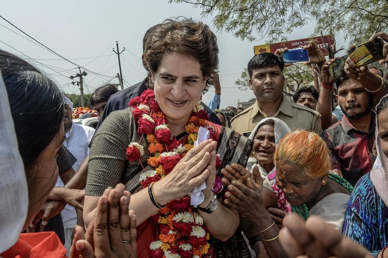 Priyanka Gandhi campaigns on the road for India National Congress in Utter Pradesh. Getty Images