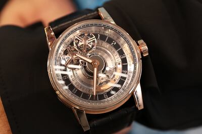 A Dh1.5 million Louis Moinet watch on display at the 2021 edition of Dubai Watch Week. Pawan Singh / The National. 