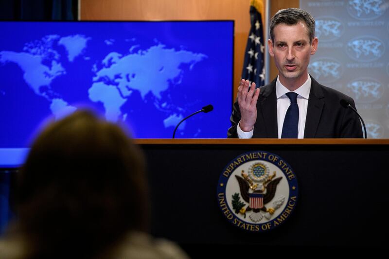 FILE PHOTO: U.S. State Department spokesman Ned Price speaks at his first daily press briefing at the State Department in Washington, U.S. February 2, 2021. Nicholas Kamm/Pool via REUTERS/File Photo