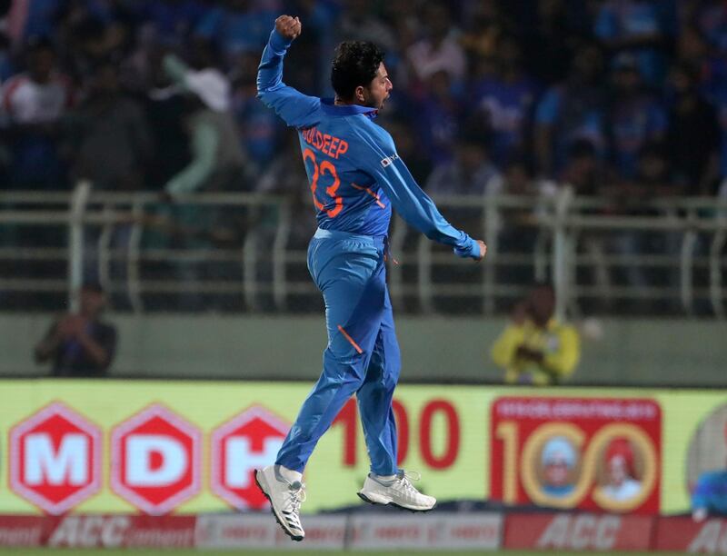 India's Kuldeep Yadav celebrates his hat-trick during the second ODI against West Indies in Visakhapatnam on Wednesday. AP