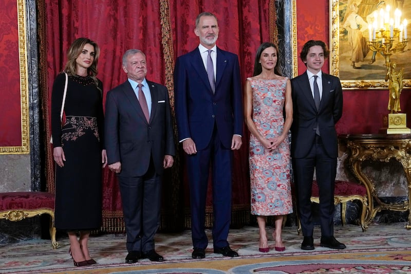 Spain's King Felipe VI, centre, with Jordan's Queen Rania, left and King Abdullah II, second left, Spain's Queen Letizia and Jordan's Prince Hashem. AP