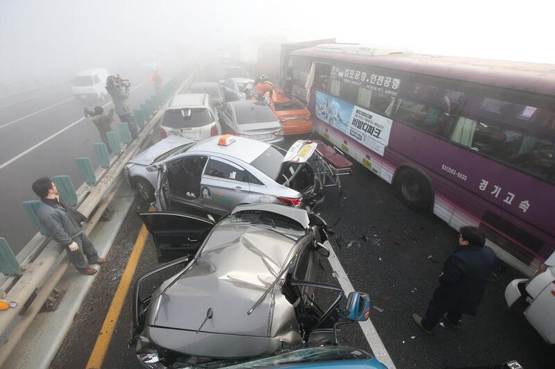 The pile-up involving 105 vehicles appeared to have started when a limousine ran into the back of a car, an Incheon police station spokesman said. Suh Myung-gon / Yonhap / AP Photo