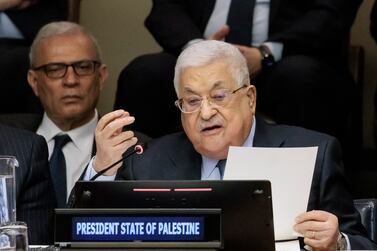 Palestine's President Mahmoud Abbas (C) speaks during a meeting marking the 75th observation by Palestine of Nakba held by the United Nations' Committee on the Exercise of the Inalienable Rights of the Palestinian People at United Nations headquarters in New York, New York, USA, 15 May 2023.  Nakba, which is being observed at the UN for the first time today, is marked annually by Palestinians to commemorate the mass displacement of Palestinians that followed the 15 May 1948 establishment of Israel.   EPA / JUSTIN LANE