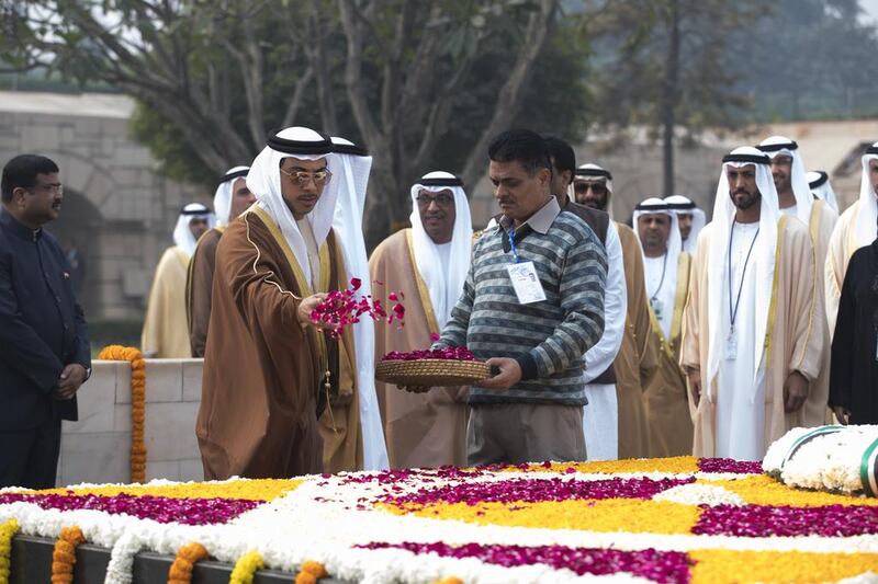 Sheikh Mansour bin Zayed, Deputy Prime Minister and Minister of Presidential Affairs, visits the Raj Ghat memorial. Mohamed Al Hammadi / Crown Prince Court - Abu Dhabi