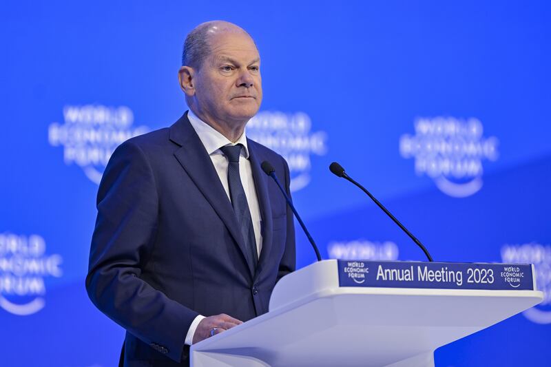 German Chancellor Olaf Scholz addresses the World Economic Forum in Davos. EPA