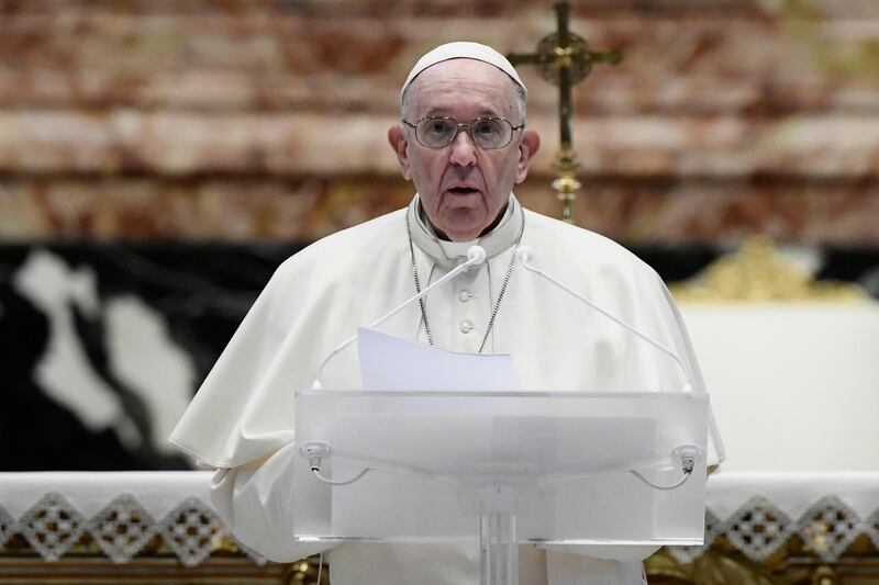 epa09115098 Pope Francis speaks prior to deliver his Urbi et Orbi Blessing, during the Easter Sunday Mass St. Peter's Basilica in the Vatican, 04 April 2021. Easter Sunday is the one of the highest religious holidays observed by Christians all over the world, commemorating the resurrection of Jesus Christ.  EPA/FILIPPO MONTEFORTE / POOL