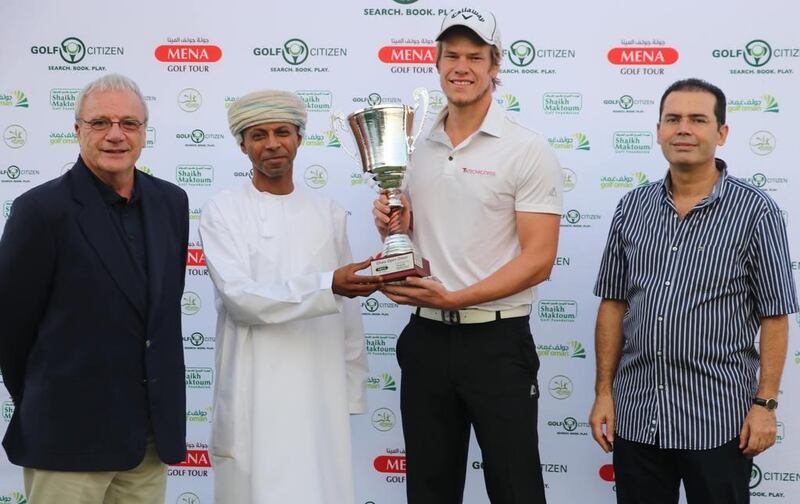 Aaron Leitmannstetter, second from right, overhauled a five-shot deficit to capture the Ghala Open in windy and dusty conditions. Courtesy Mena Golf Tour