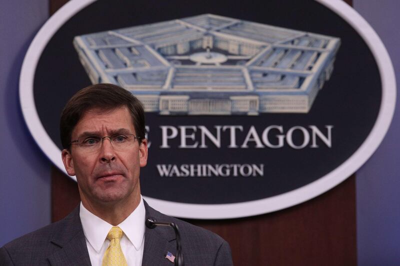 ARLINGTON, VIRGINIA - AUGUST 28: U.S. Secretary of Defense Mark Esper holds a media briefing at the Pentagon August 28, 2019 in Arlington, Virginia. Secretary Esper participated in his first media briefing since he took office in July, 2019.   Alex Wong/Getty Images/AFP
== FOR NEWSPAPERS, INTERNET, TELCOS & TELEVISION USE ONLY ==
